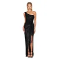 Elegant black one-shoulder sequin evening maxi dress with slit for formal occasions - S / Top And Bottom / Black