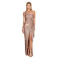 Elegant rose gold one-shoulder sequin evening gown with pleated waist and high slit. - S / Bottoms / Champagne