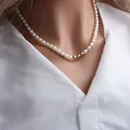 Elegant freshwater pearl necklace featuring three gold beads worn on a white blouse - Necklace (3#)