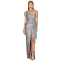 Elegant one-shoulder silver sequin long dress with pleated waist and high slit detail - S / Bottoms / Gray