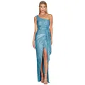 Stunning light blue one-shoulder sequin long evening dress with pleated waist and side slit - S / Bottoms / Sky Blue