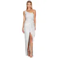 Elegant white sequined one-shoulder maxi dress with ruched waist and side slit - S / Bottoms / Silver