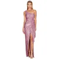 Elegant pink sequin one-shoulder evening gown with pleated waist and side slit detail - S / Bottoms / Pink Gold