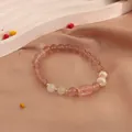 Elegant strawberry quartz and freshwater pearl beaded bracelet in a warm pink setting - Pink Crystal Style