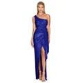 Elegant royal blue one-shoulder sequin maxi dress with high slit and draped sash detail. - S / Bottoms / Blue