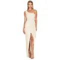 Elegant champagne one-shoulder sequined maxi dress with pleated waist and high slit - S / Bottoms / Beige Apricot