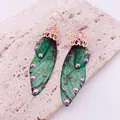 Handmade green cicada wing earrings with glitter and crystals on stone base - Rose Gold Hook / Dreamy Green