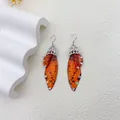 Vintage cicada wing earrings with orange translucent texture and shiny rhinestones - Silver Hook / Luxury Orange Rhinestone
