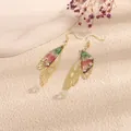 Elegant butterfly wing drop earrings with gradient resin and crystals - Gold Frame / Pink and Green