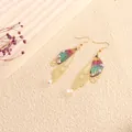 Long iridescent cicada wing dangle earrings with gold-tone filigree and crystal - Gold Frame / Rainbow Rhinestone