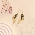 Elegant long butterfly wing earrings with resin wings and shimmering crystal bead charms - Gold Frame / Yellow Camo