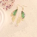 Elegant gold cicada wing dangle earrings with green translucent resin and crystals - Gold Frame / Dark Green