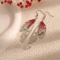 Elegant long fairy wing tassel earrings with pink glitter and sparkling rhinestones - Silver Frame / Pink