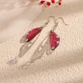Elegant long cicada wing drop earrings with magenta resin and sparkling rhinestones - Silver Frame / Deep Pink