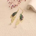 Elegant handmade faux cicada wing dangling earrings with gold filigree and colorful rhinestones - Gold Frame / Teal