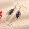 Faux cicada wing earrings with colorful resin inlay and clear crystal drop charm - Silver Frame / Blue and Purple