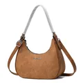 Detailed macro view of brown textured fabric hobo bag with Fashion & Bags logo print - 26*9*23 / Earthy Yellow