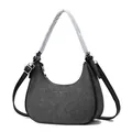 Detailed view of a grey crescent hobo bag with textured fabric and black trim straps. - 26*9*23 / Black