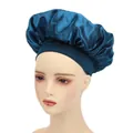 Peacock blue satin sleep bonnet with wide elastic band for professional hair care protection - Dark Green