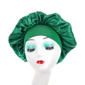 Emerald green wide-brim elastic satin sleeping cap for hair protection and beauty - Green
