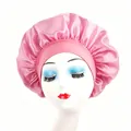 Pink satin sleeping bonnet with wide elastic band for hair protection and night care - Deep Pink