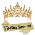 Detailansicht von luxuriöser goldener Strass-Tiara und Birthday Queen Schärpe-Set - Zweiteiliges Set / Gold
