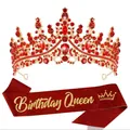 Luxury red rhinestone crown and red glitter sash with gold Birthday Queen text - Two-Piece Set / Red