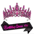 Luxury magenta rhinestone tiara and black Birthday Queen sash for birthday party events. - Two-Piece Set / Black Purple