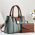 Stylish two-piece tote bag set featuring striped woven texture and matching brown leather pouch - 28*13*21cm / Blue