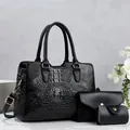 Macro view of three-piece black crocodile pattern handbag set with elegant gold hardware - 3-in-1 Set (29*13*22cm) / Black