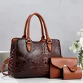 Close-up detail of a brown three-piece handbag set with textured crocodile pattern finish - 3-in-1 Set (29*13*22cm) / Earthy Yellow