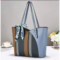 Large capacity color-block tote bag with striped woven pattern and decorative scarf - 32x11x28cm / Blue