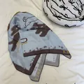 Trendy light blue square silk scarf with brown star print and LAND VON edge text. - 70*70cm / Blue Brown Stars (Style 13)