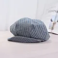 Stilvolle blau gestreifte Newsboy-Mütze für Damen, klassische 3D-Baskenmütze mit Schirm - 56-58cm / Blau mit weicher Krempe