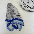American style square silk scarf with blue star print border for women's waist decoration - 70*70cm / Deep Blue Grey (Style 15)