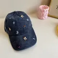 Washed denim baseball cap featuring unique colorful garden-themed embroidery for a retro look - 56-58cm (Adjustable) / Garden Embroidery Style / Navy Blue