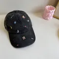 Washed black retro baseball cap featuring colorful garden themed embroidery icons - 56-58cm (Adjustable) / Garden Embroidery Style / Black and Gray