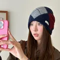 Stylish vintage Argyle pattern knit slouchy beanie for women in navy and grey - 56-60cm / Navy Blue