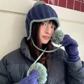 Cute women's winter knitted trapper hat with fluffy pom-poms in stylish blue and green - 56-58cm / Navy and Light Green