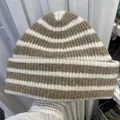 Retro brown and beige horizontal striped knitted beanie hat for winter warmth and style - 56-60cm / Cream