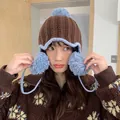 Cute brown and blue color-block knit hat with pom-poms for winter warmth and style. - 56-58cm / Coffee and Light Blue