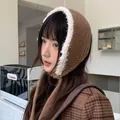 Cozy Korean style brown knitted ear warmer bonnet with white plush trim for winter - Stretchy / Dark Coffee