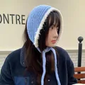Korean style knit plush earmuff hood with long ties in light blue for winter warmth - Stretchy / Blue