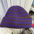 Vintage purple and brown horizontal striped knitted wool beanie winter hat for women - 56-60cm / Purple