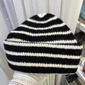 Vintage thick black and white striped knitted beanie hat for winter street style - 56-60cm / Black