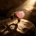 Close-up of polished natural pink quartz stone on vintage bronze adjustable open ring - Adjustable Open / Pink