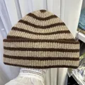 Vintage brown and beige striped knit beanie with a thick ribbed texture for winter - 56-60cm / Khaki