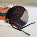 Vintage patchwork headscarf cap with tie straps for women in a retro bohemian style - 56-58cm (Elastic) / Navy Red Patchwork