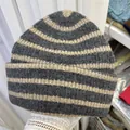 Winter vintage grey and beige horizontal striped thick knit beanie hat for women fashion - 56-60cm / Dark Gray