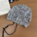 Vintage plaid tie-up beanie hat in blue and white tweed texture for autumn wear - 56-58cm / Blue